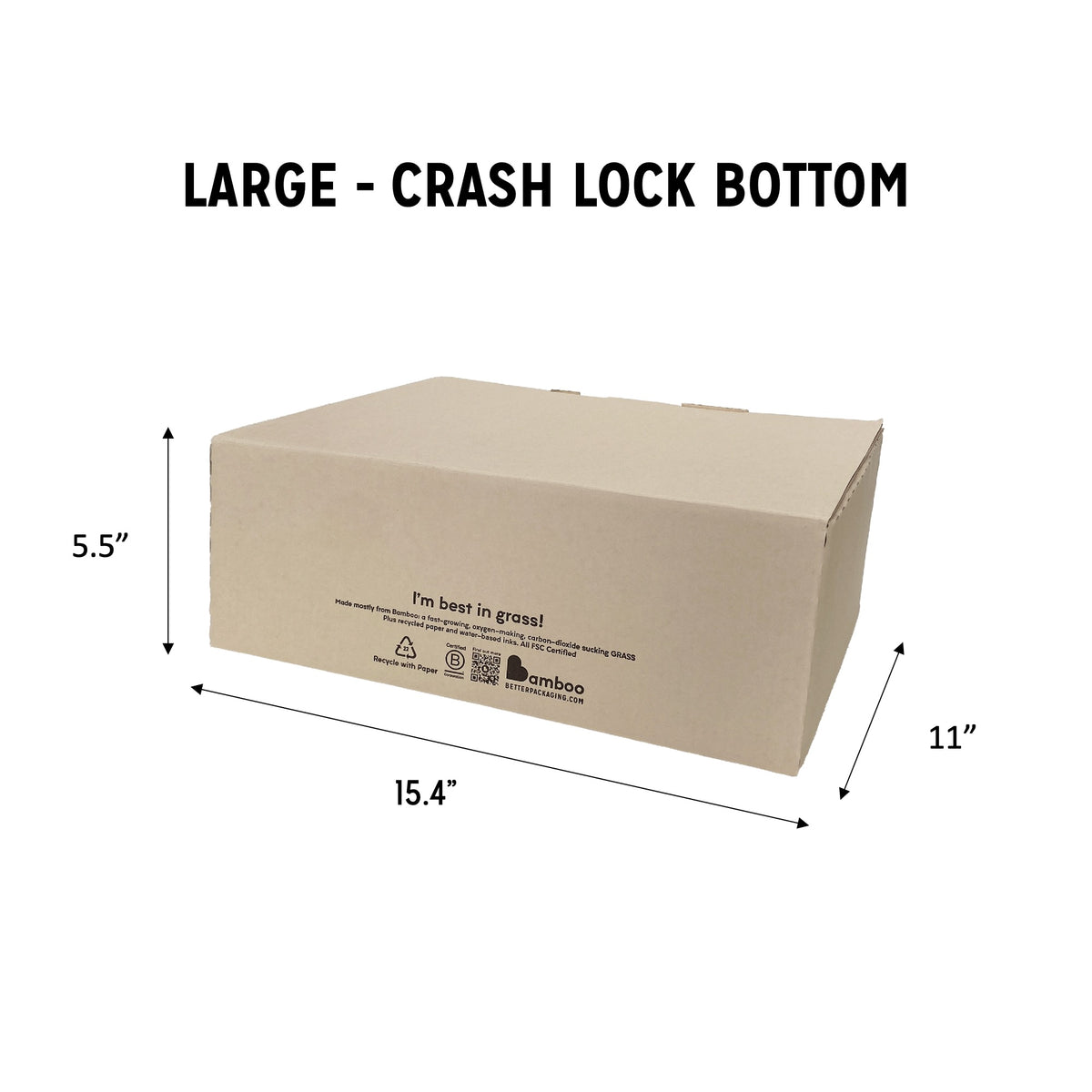 Large sized crash lock Better Packaging bamboo box. 5.5" high, 15.4" wide, 11" deep