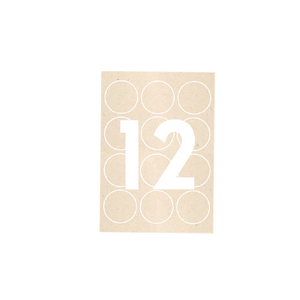 Better Packaging A4 sized compostable labels, 12 circle labels per sheet. On a transparent background