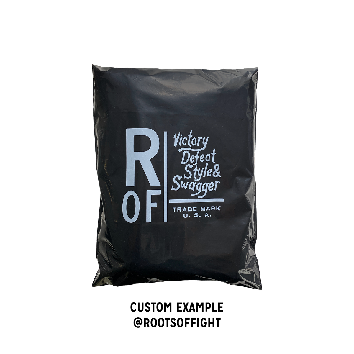 Roots of Fight branded custom Better Packaging POLLAST!C black mailer on a transparent background