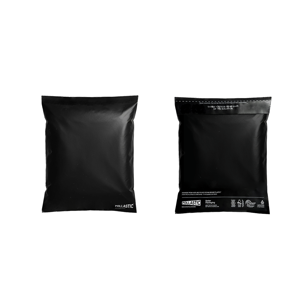 Front and back of black Better Packaging POLLAST!C mailers on a transparent background