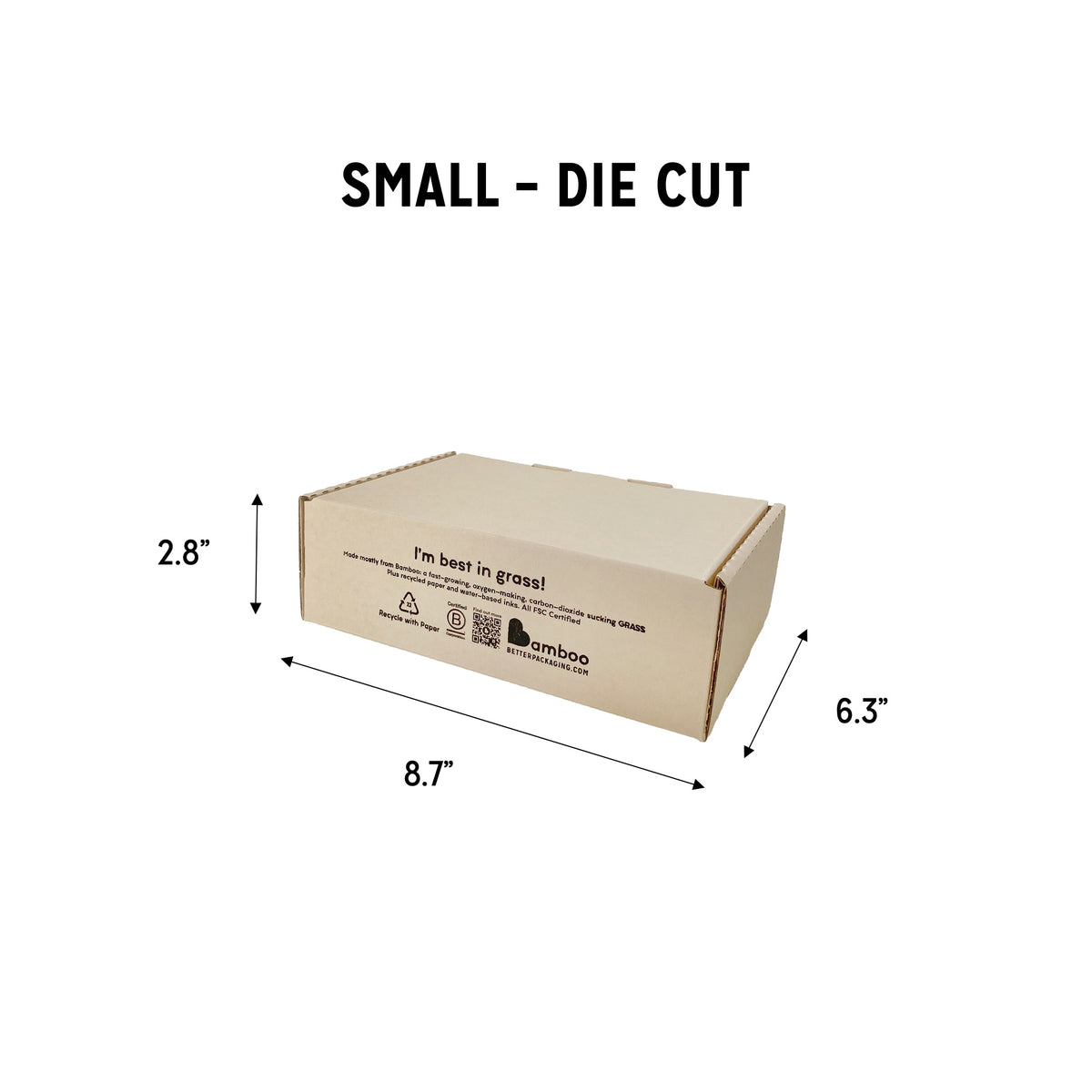 Small sized die cut Better Packaging bamboo box. 2.8&quot; high, 8.7&quot; wide, 6.3&quot; deep