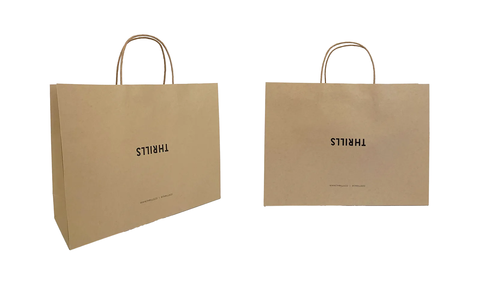 Two brown paper bags with 'THRLS' branding on a white background