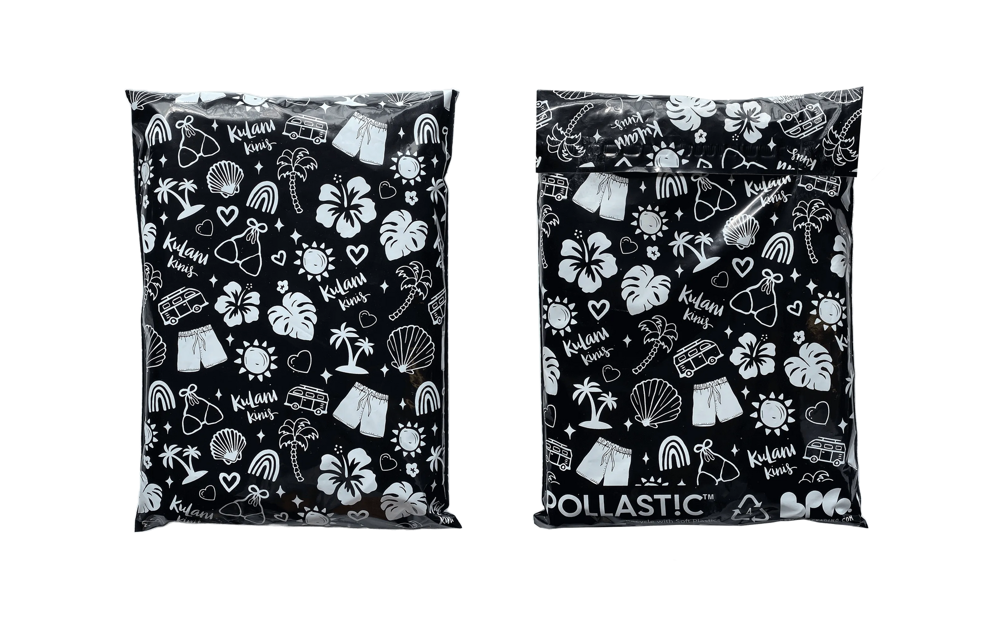 Two black packaging bags with white patterns on a white background