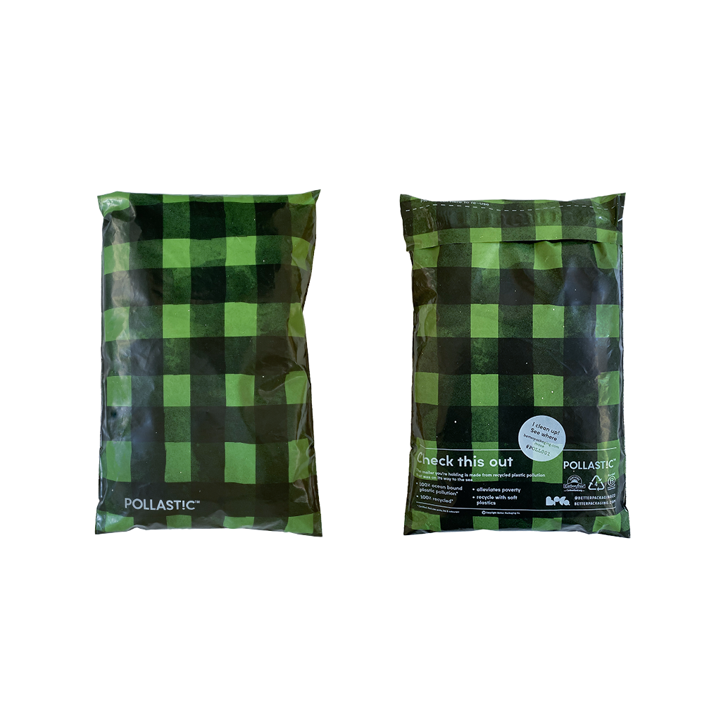 Front and back of green plaid printed Better Packaging POLLAST!C mailers on a transparent background
