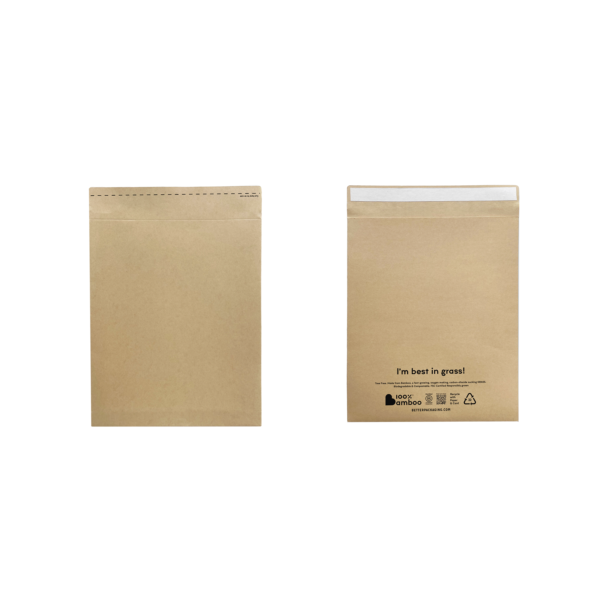Front and back of brown Better Packaging bamboo envelope on a transparent background