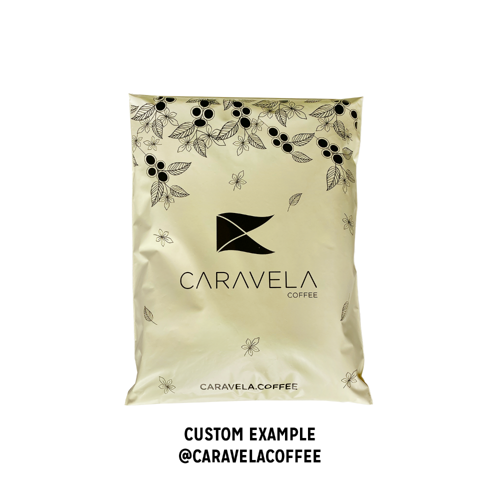 Caravela branded custom Better Packaging POLLAST!C cream mailer on a transparent background