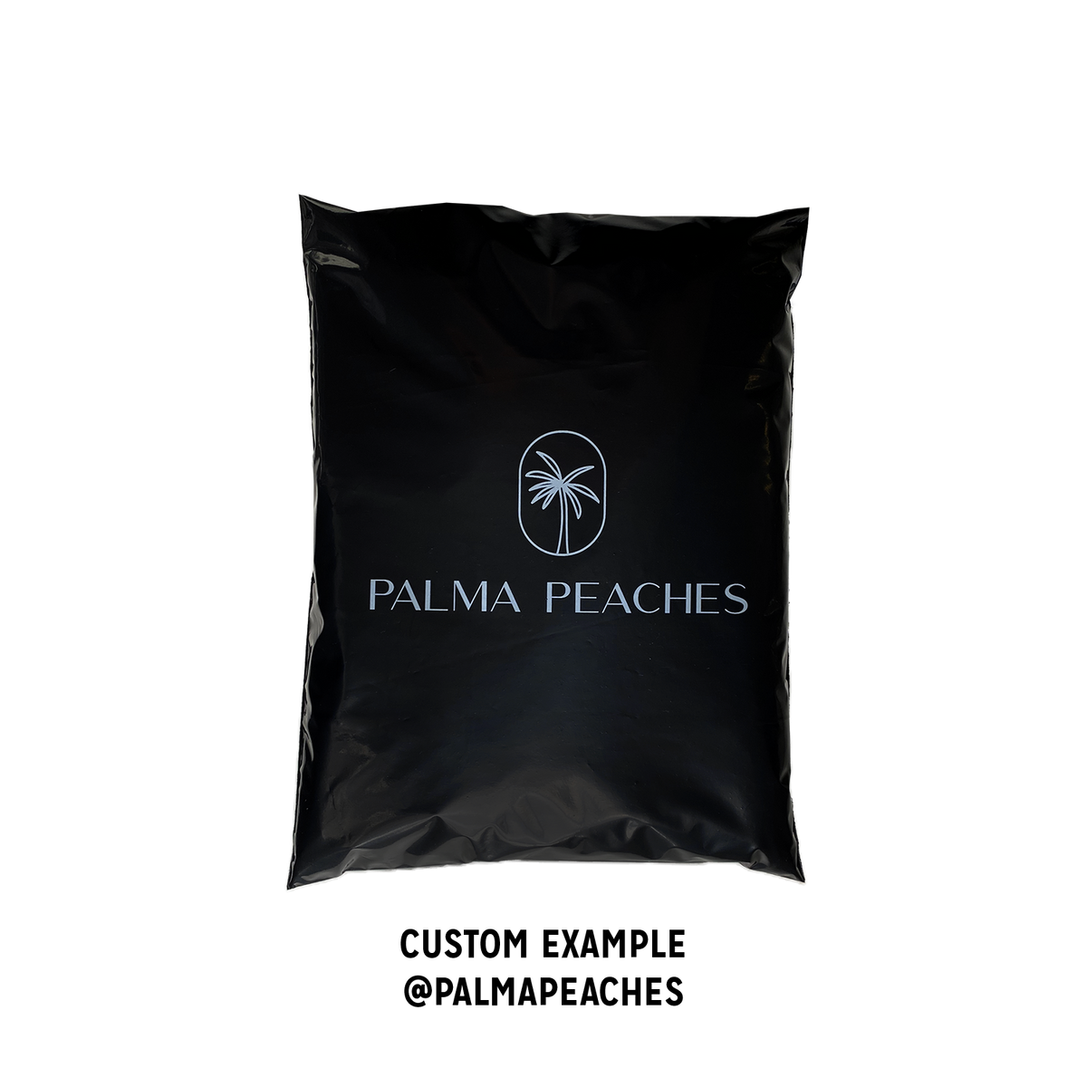Palma Peaches branded custom Better Packaging POLLAST!C black mailer on a transparent background