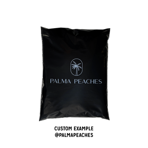 Palma Peaches branded custom Better Packaging POLLAST!C black mailer on a transparent background