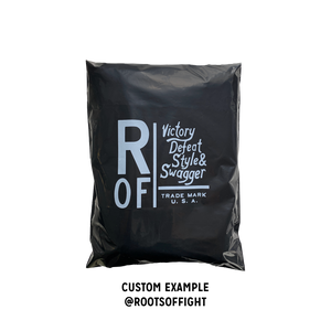 Roots of Fight branded custom Better Packaging POLLAST!C black mailer on a transparent background