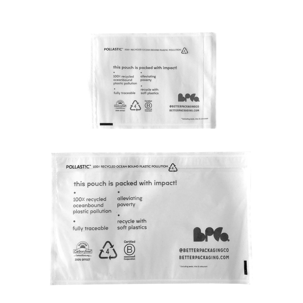 Comparing small and medium sized Better Packaging POLLAST!C labelopes on a transparent background