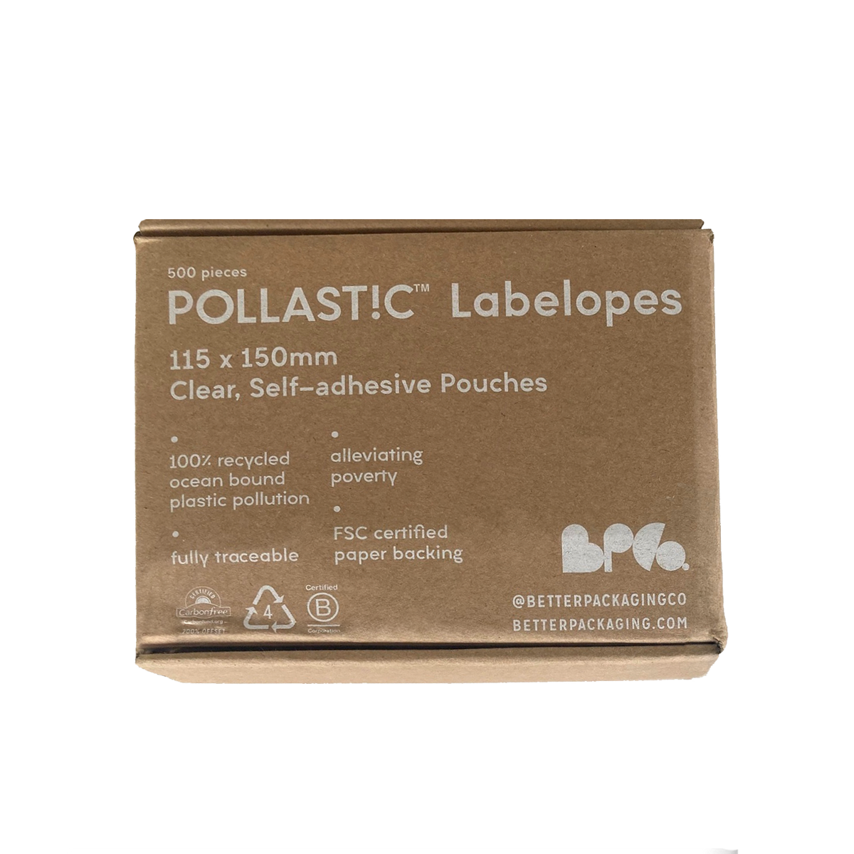 Cardboard box containing Better Packaging POLLAST!C labelopes