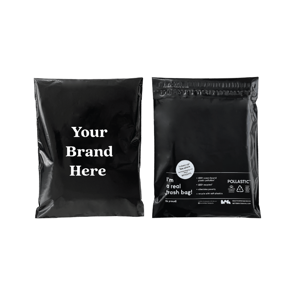 Front and back of black Better Packaging POLLAST!C mailers on a transparent background, with "Your brand here" printed on the front