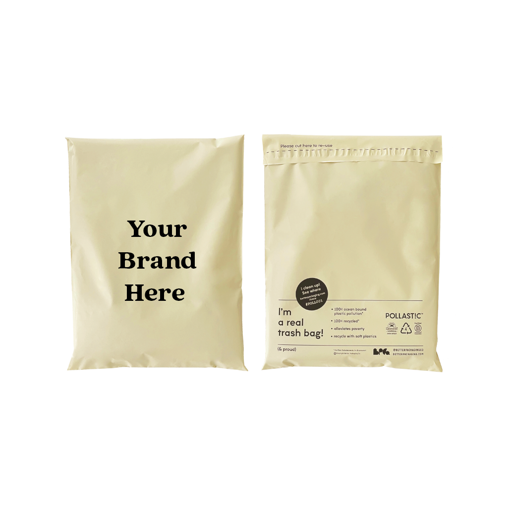 Front and back of cream coloured Better Packaging POLLAST!C mailers on a transparent background, with &quot;Your brand here&quot; printed on the front