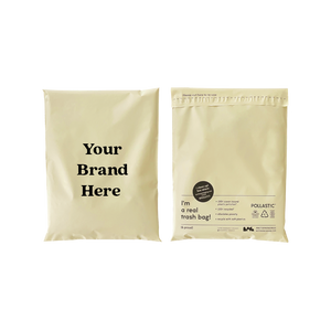 Front and back of cream coloured Better Packaging POLLAST!C mailers on a transparent background, with "Your brand here" printed on the front