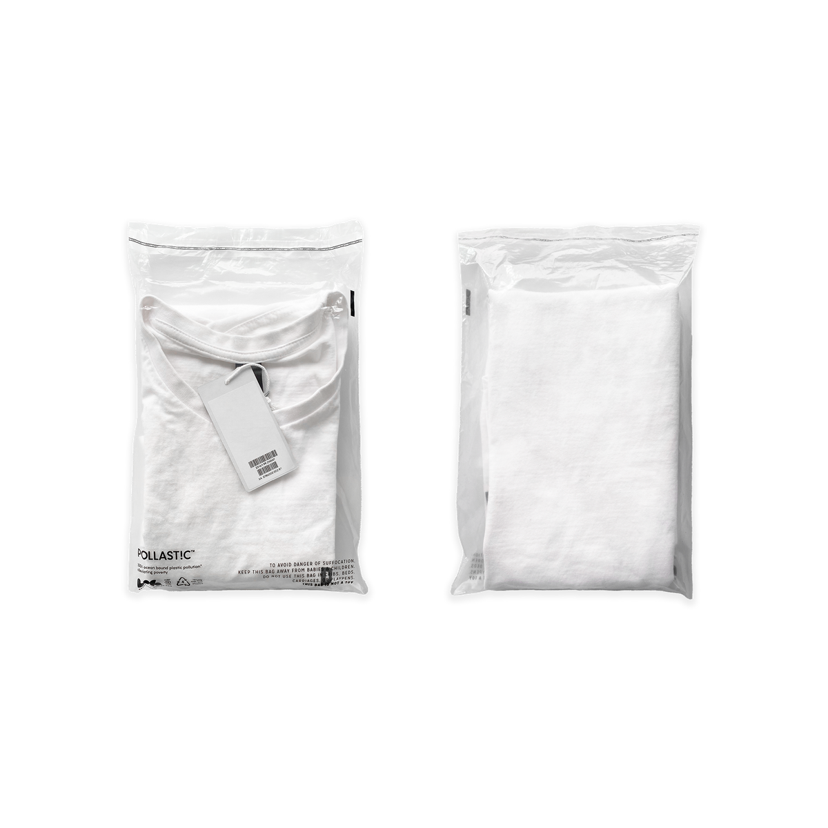 Front and back of a transparent Better Packaging POLLAST!C poly garment bag, containing a white tee shirt on a transparent background