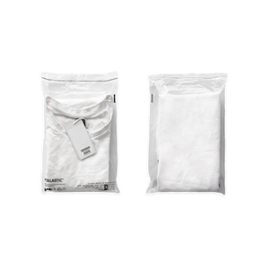 Front and back of a transparent Better Packaging POLLAST!C poly garment bag, containing a white tee shirt on a transparent background