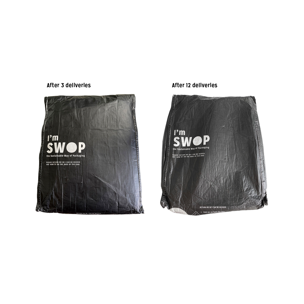 Comparison of black reusable Better Packaging mailing SWOP satchel after 3 months and 12 months of use