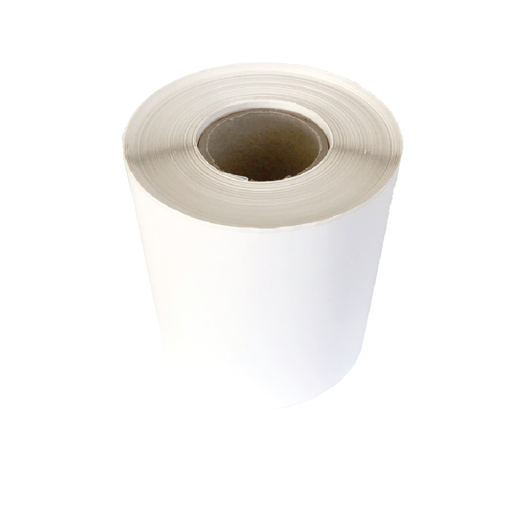 A roll of Better Packaging white compostable thermal shipping label on a transparent background